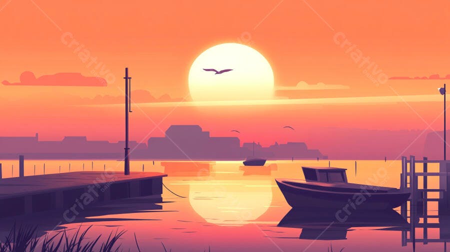 Pôr do sol laranja em porto com barcos