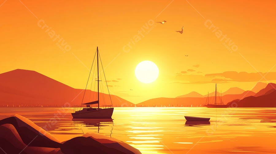 Pôr do Sol Laranja com Veleiros e Montanhas