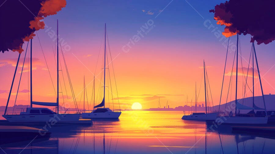 Barcos no Pôr do Sol Laranja