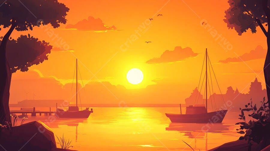 Por do Sol Laranja sobre Barcos no Porto
