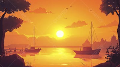 Ilustração Digital de Porto Tranquilo ao Amanhecer com Veleiros e Reflexo no Mar