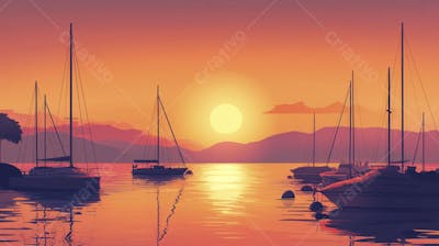 Ilustração Digital de Porto Tranquilo ao Amanhecer com Veleiros e Reflexo no Mar