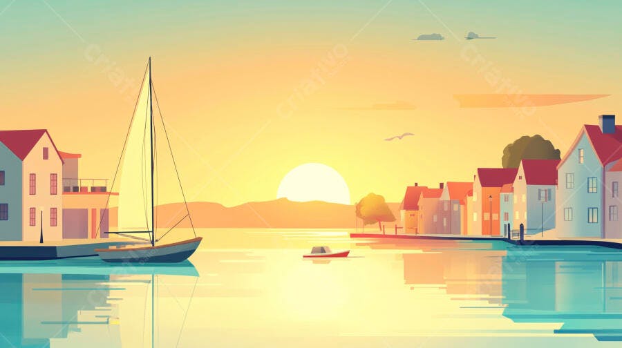 Pôr do sol sobre vilarejo litorâneo com veleiro
