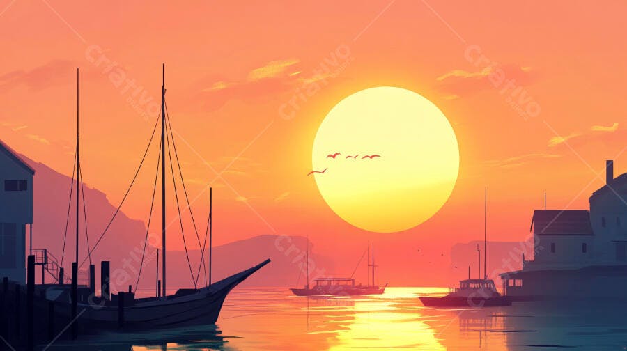 Barcos ao pôr do sol laranja