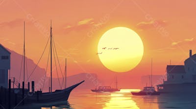 Ilustração Digital de Porto Tranquilo ao Amanhecer com Veleiros e Reflexo no Mar