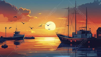 Ilustração Digital de Porto Tranquilo ao Amanhecer com Veleiros e Reflexo no Mar