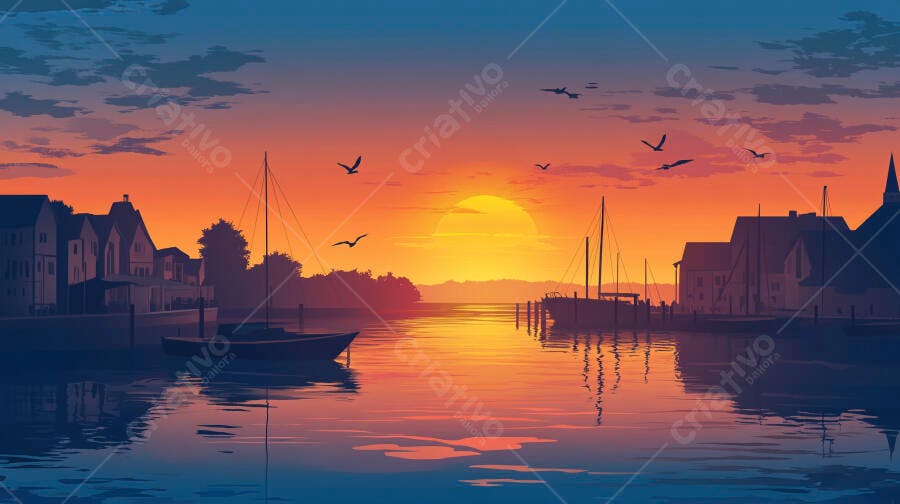 Por do sol laranja em porto com barcos