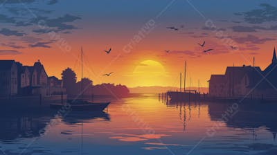 Ilustração Digital de Porto Tranquilo ao Amanhecer com Veleiros e Reflexo no Mar