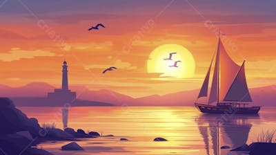 Ilustração Digital de Porto Tranquilo ao Amanhecer com Veleiros e Reflexo no Mar