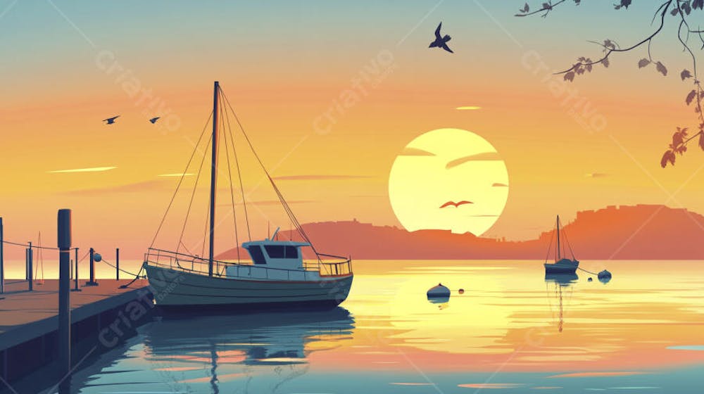 Ilustração Digital de Porto Tranquilo ao Amanhecer com Veleiros e Reflexo no Mar