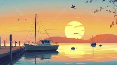 Ilustração Digital de Porto Tranquilo ao Amanhecer com Veleiros e Reflexo no Mar
