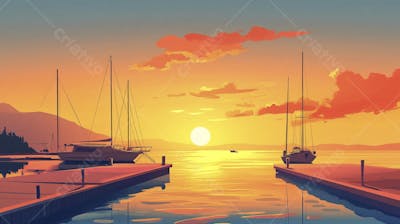 Ilustração Digital de Porto Tranquilo ao Amanhecer com Veleiros e Reflexo no Mar