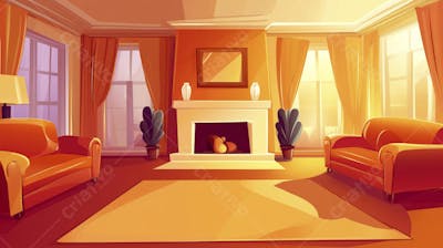 Ilustração Digital de Sala de Estar Japonesa com Luz Natural e Plantas Verdes