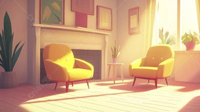 Ilustração Digital de Sala de Estar Japonesa com Luz Natural e Plantas Verdes