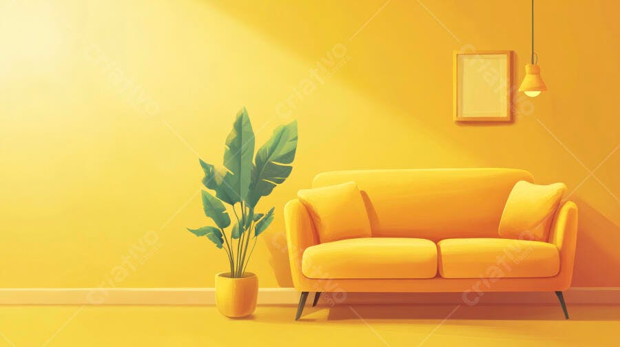 Sofá amarelo em sala iluminada