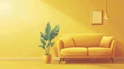 Ilustração Digital de Sala de Estar Japonesa com Luz Natural e Plantas Verdes