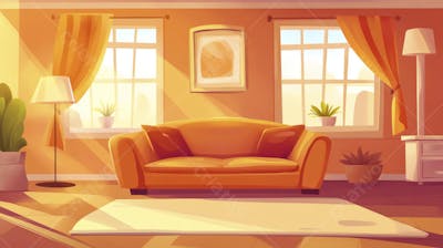 Ilustração Digital de Sala de Estar Japonesa com Luz Natural e Plantas Verdes