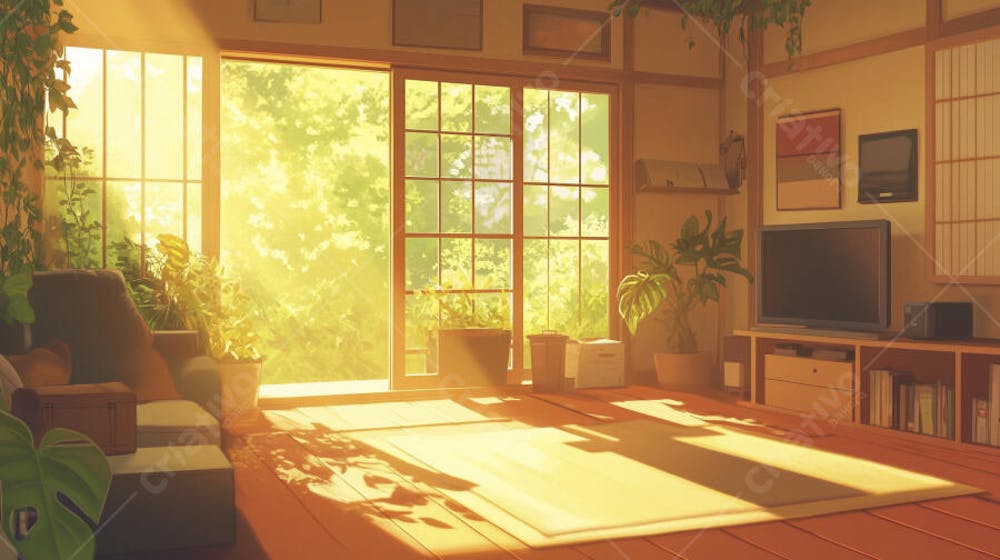 Ilustração Digital de Sala de Estar Japonesa com Luz Natural e Plantas Verdes