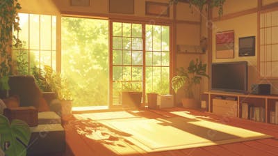 Ilustração Digital de Sala de Estar Japonesa com Luz Natural e Plantas Verdes