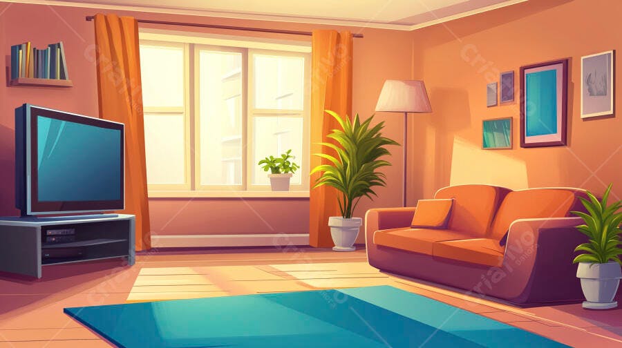 Sala aconchegante com sofá laranja e iluminação solar