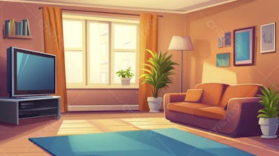 Ilustração Digital de Sala de Estar Japonesa com Luz Natural e Plantas Verdes