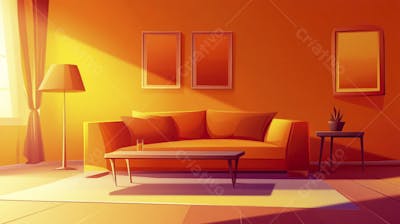Ilustração Digital de Sala de Estar Japonesa com Luz Natural e Plantas Verdes
