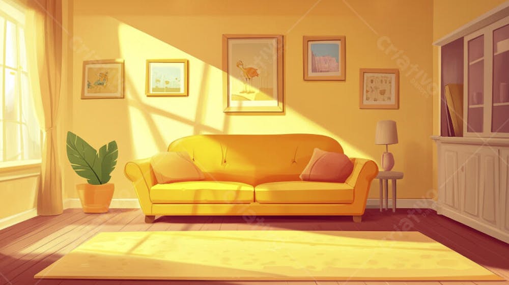 Ilustração Digital de Sala de Estar Japonesa com Luz Natural e Plantas Verdes