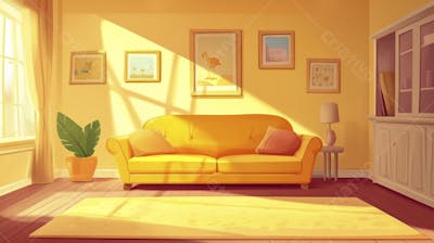 Ilustração Digital de Sala de Estar Japonesa com Luz Natural e Plantas Verdes