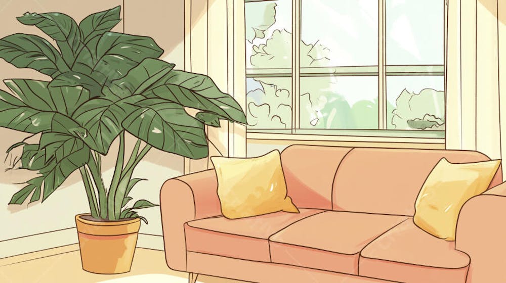 Ilustração Digital de Sala de Estar Japonesa com Luz Natural e Plantas Verdes