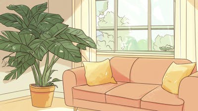 Ilustração Digital de Sala de Estar Japonesa com Luz Natural e Plantas Verdes