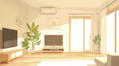 Ilustração Digital de Sala de Estar Japonesa com Luz Natural e Plantas Verdes