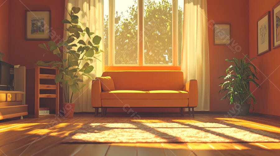 Sala aconchegante com sofá laranja e luz solar