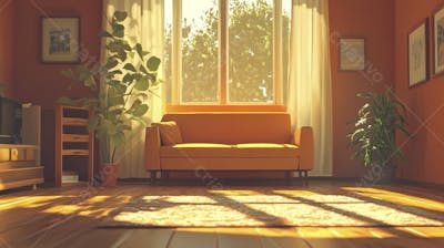 Ilustração Digital de Sala de Estar Japonesa com Luz Natural e Plantas Verdes