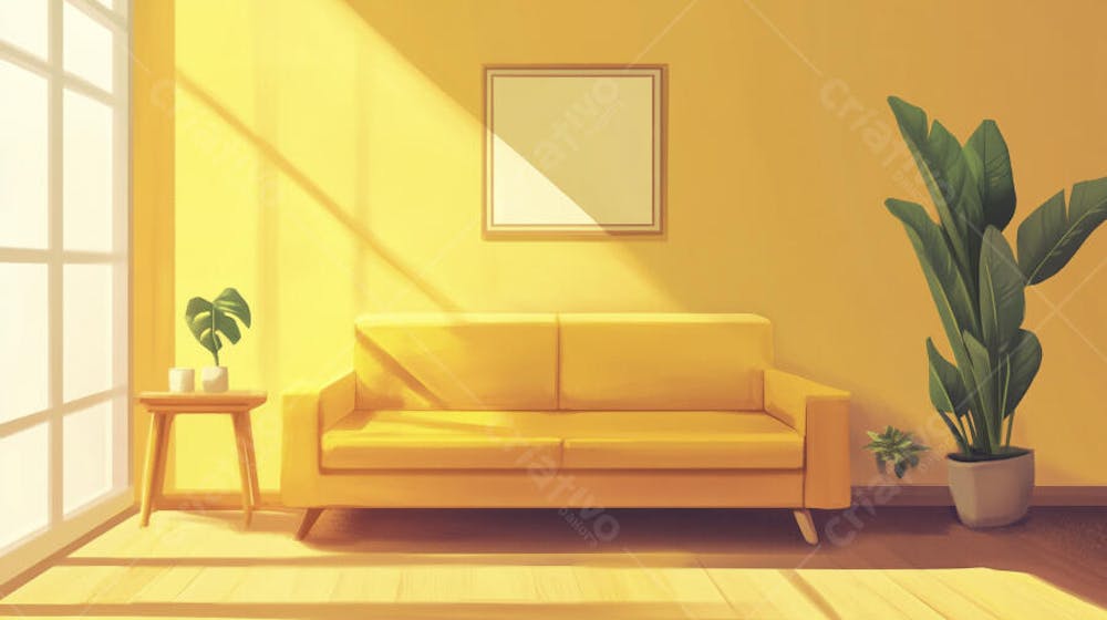 Ilustração Digital de Sala de Estar Japonesa com Luz Natural e Plantas Verdes