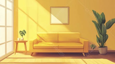 Ilustração Digital de Sala de Estar Japonesa com Luz Natural e Plantas Verdes