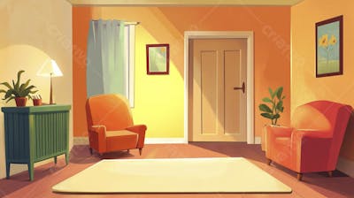 Ilustração Digital de Sala de Estar Japonesa com Luz Natural e Plantas Verdes