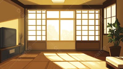 Ilustração Digital de Sala de Estar Japonesa com Luz Natural e Plantas Verdes