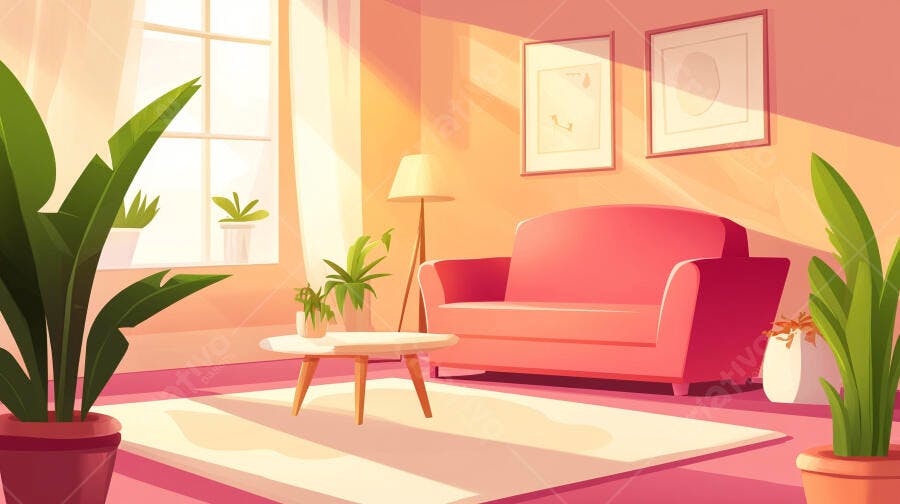 Sala de estar aconchegante com sofá rosa