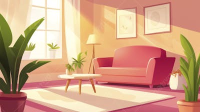 Ilustração Digital de Sala de Estar Japonesa com Luz Natural e Plantas Verdes