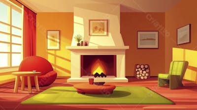 Ilustração Digital de Sala de Estar Japonesa com Luz Natural e Plantas Verdes