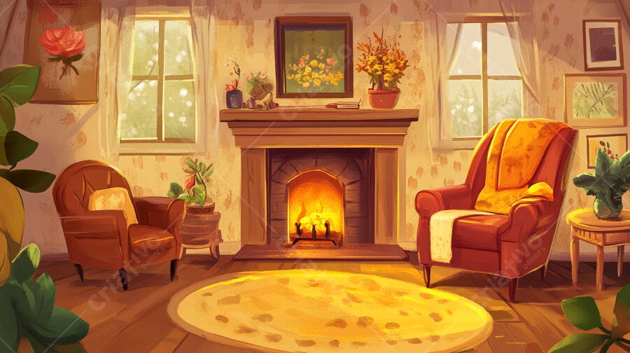 Sala aconchegante com lareira acesa