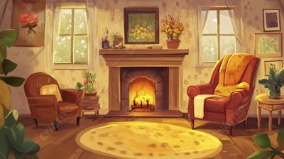 Ilustração Digital de Sala de Estar Japonesa com Luz Natural e Plantas Verdes