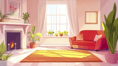Ilustração Digital de Sala de Estar Japonesa com Luz Natural e Plantas Verdes