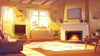 Ilustração Digital de Sala de Estar Japonesa com Luz Natural e Plantas Verdes