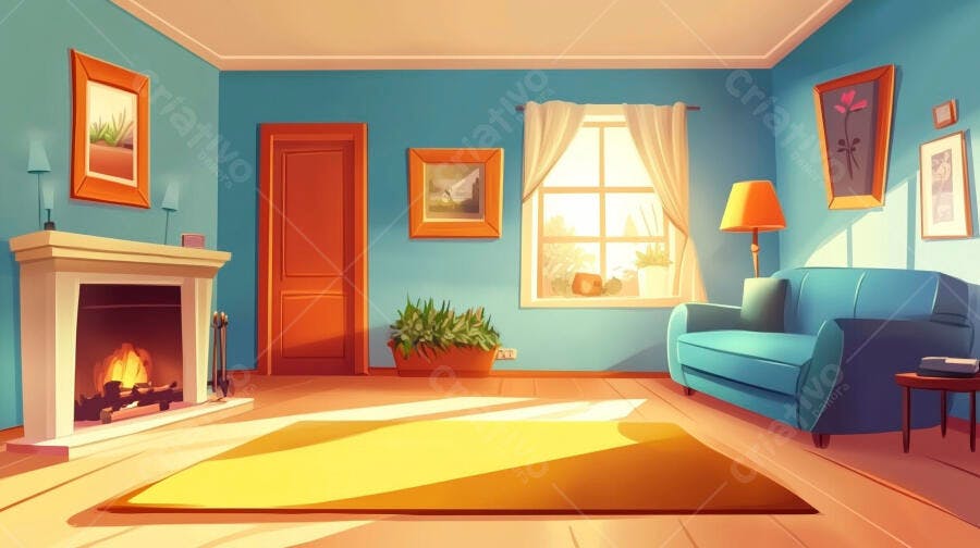 Sala aconchegante com sofá azul e lareira