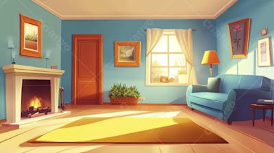 Ilustração Digital de Sala de Estar Japonesa com Luz Natural e Plantas Verdes
