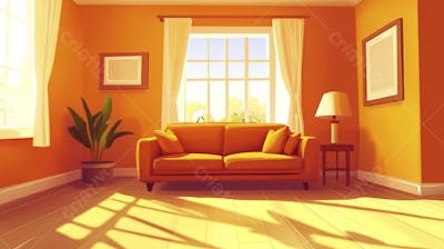 Ilustração Digital de Sala de Estar Japonesa com Luz Natural e Plantas Verdes