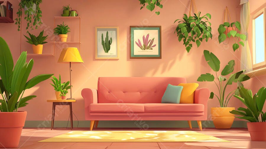 Sala de estar com sofá rosa e muitas plantas