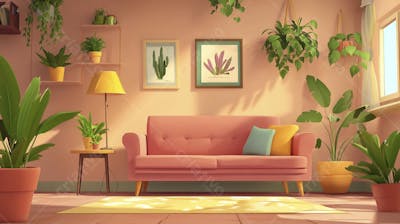 Ilustração Digital de Sala de Estar Japonesa com Luz Natural e Plantas Verdes