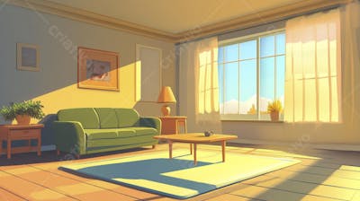 Ilustração Digital de Sala de Estar Japonesa com Luz Natural e Plantas Verdes